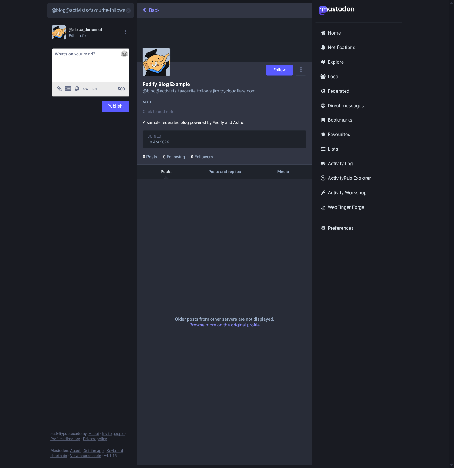 ActivityPub.Academy profile page showing “Fedify Blog Example” with bio and handle